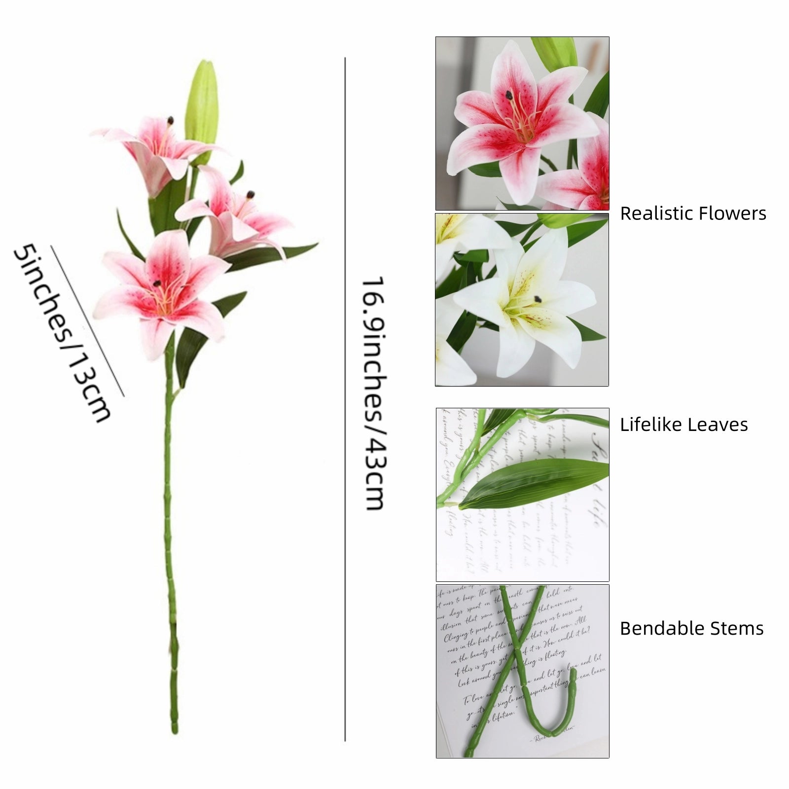 Artificial Lily Flowers 3D printed Faux Lilies 4PCS
