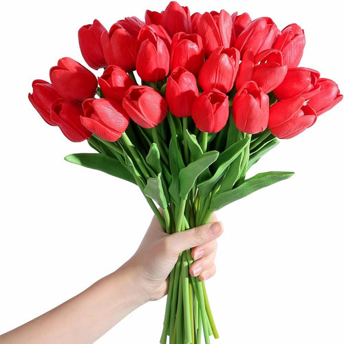 Realistic Red Artificial Tulips Bouquet Faux Flowers 20pcs