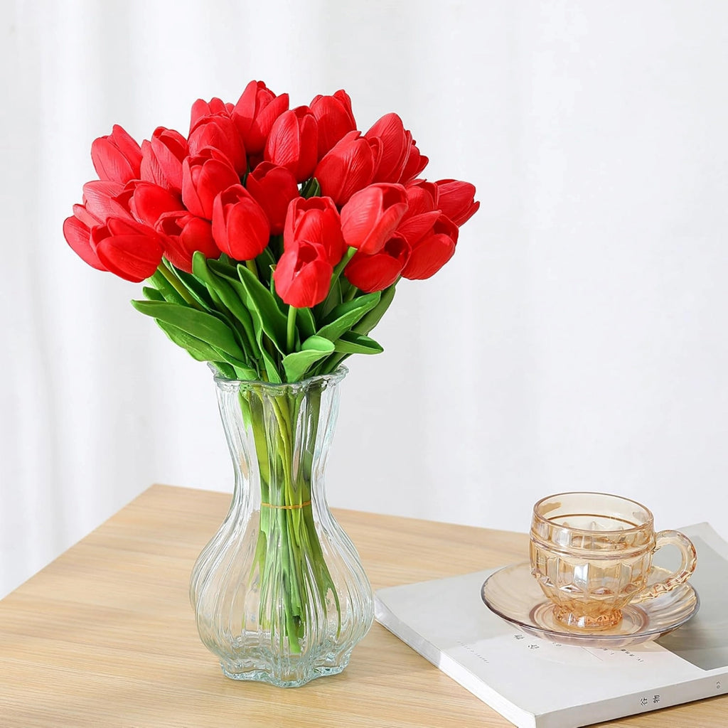 Realistic Red Artificial Tulips Bouquet Faux Flowers 20pcs