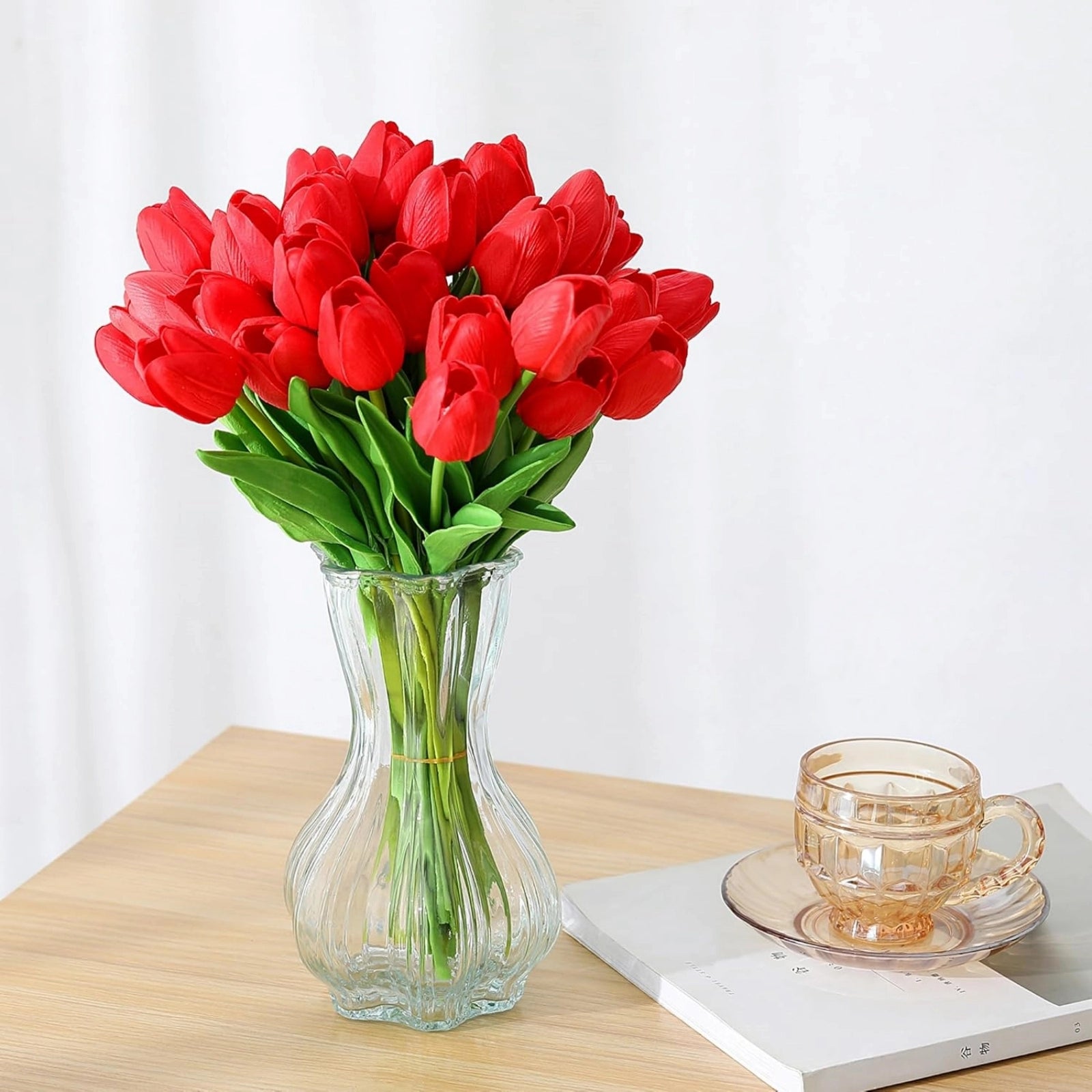 Realistic Red Artificial Tulips Bouquet Faux Flowers 20pcs