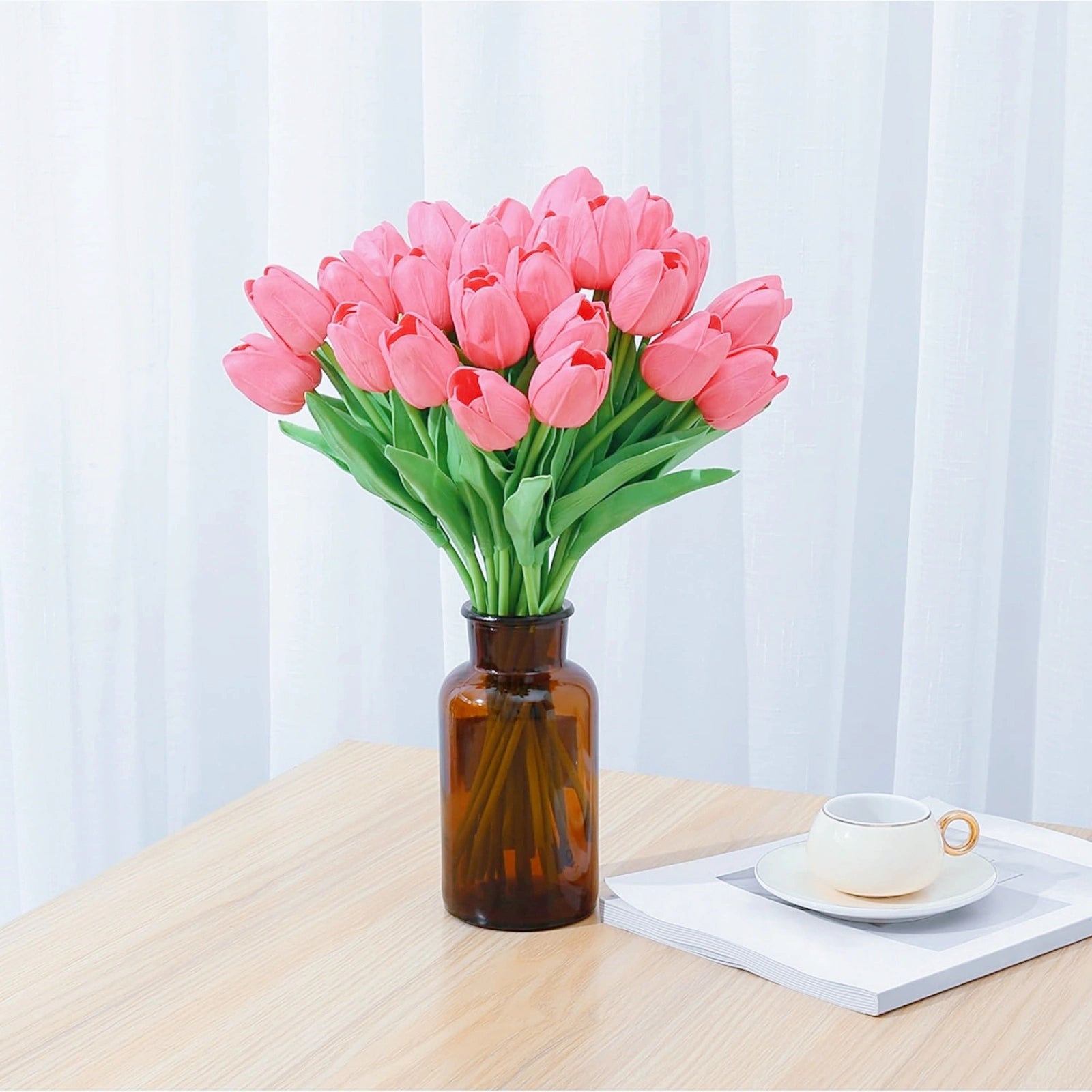 Realistic Pink Artificial Tulips PU Faux Flowers 20pcs