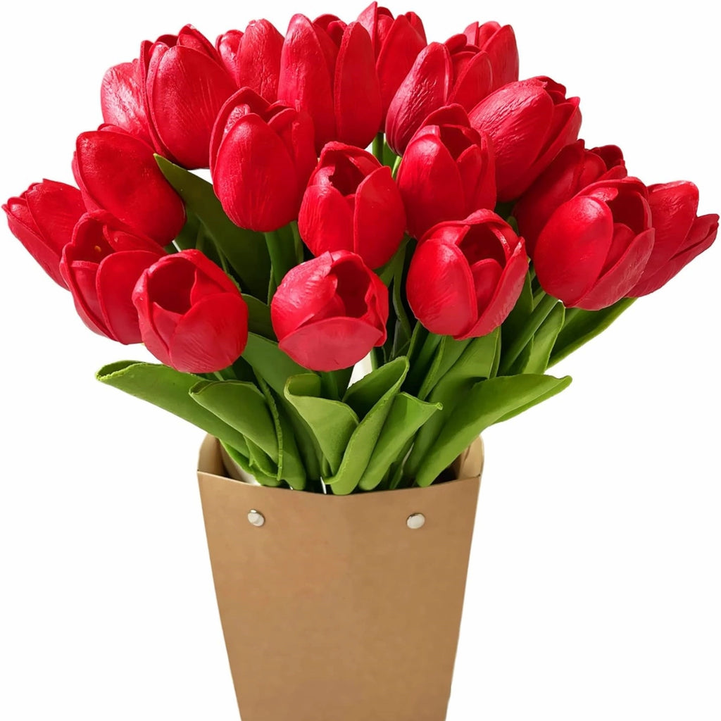 Realistic Red Artificial Tulips Bouquet Faux Flowers 20pcs