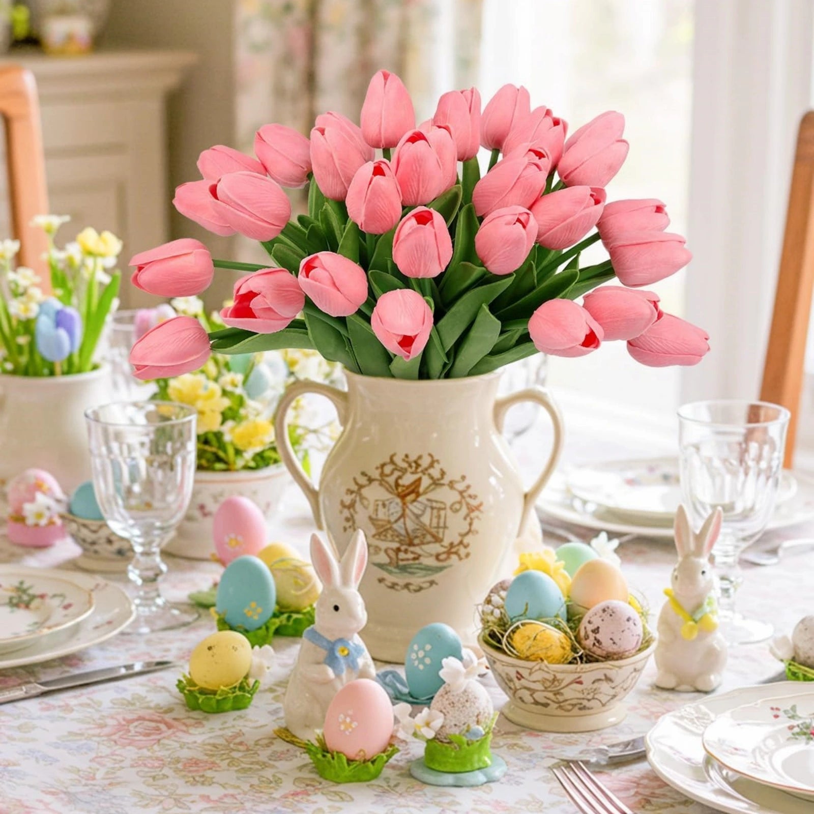 Realistic Pink Artificial Tulips PU Faux Flowers 20pcs