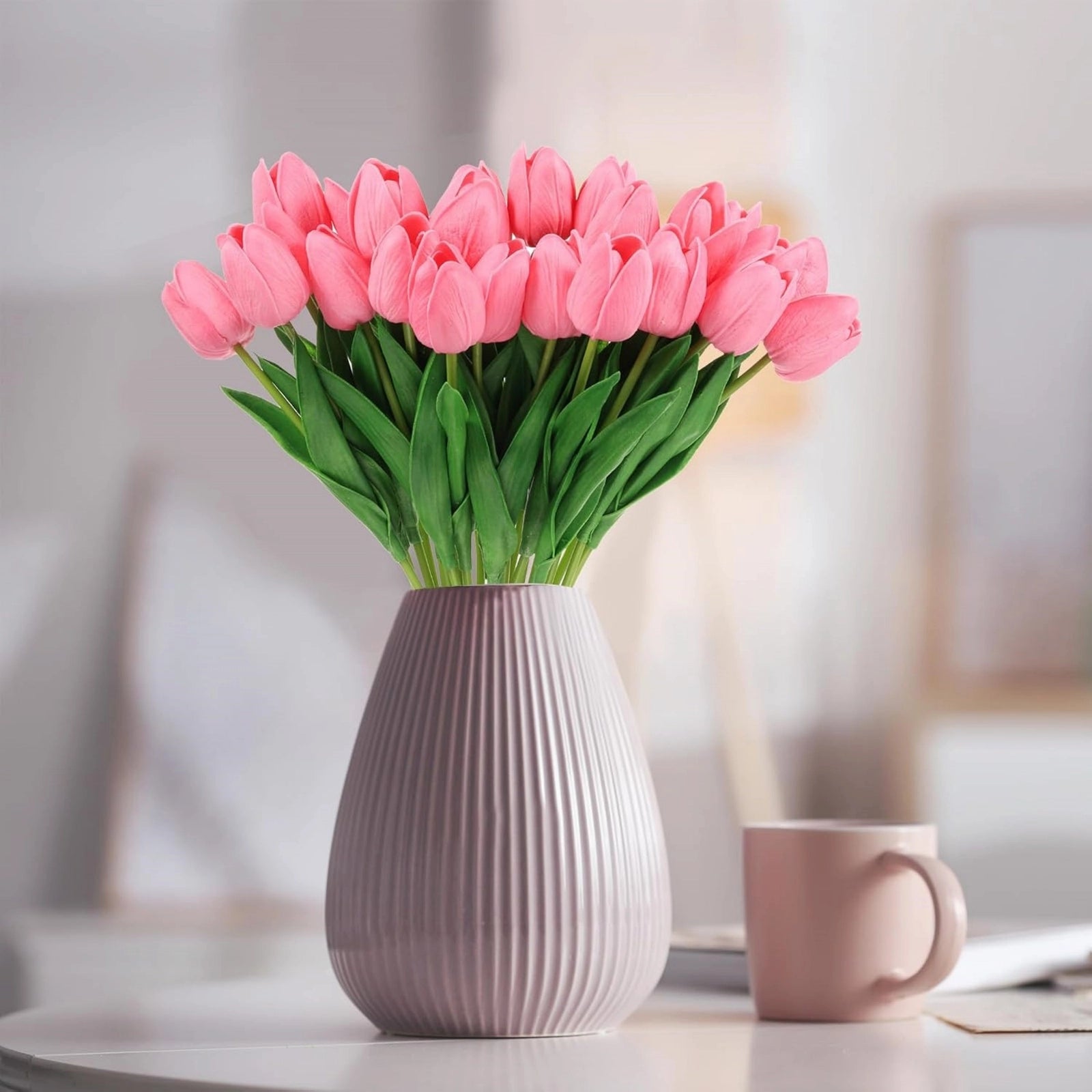 Realistic Pink Artificial Tulips PU Faux Flowers 20pcs