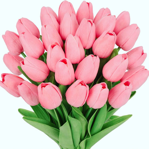 Realistic Pink Artificial Tulips PU Faux Flowers 20pcs