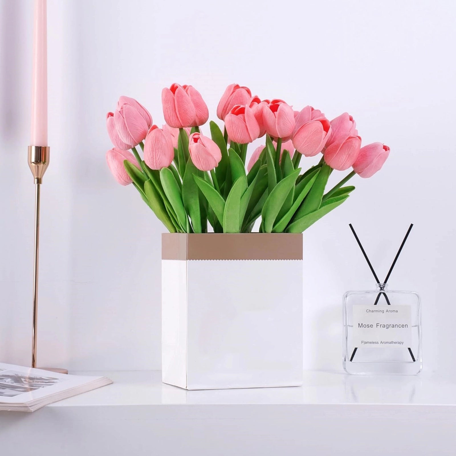 Realistic Pink Artificial Tulips PU Faux Flowers 20pcs