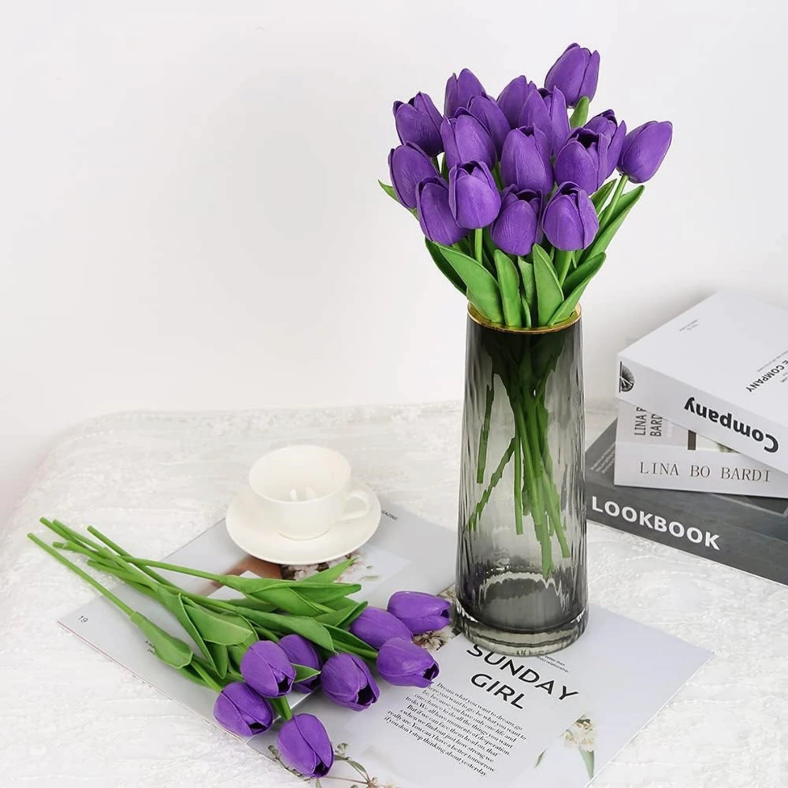 Realistic Purple Artificial Tulips PU Faux Flowers 20pcs
