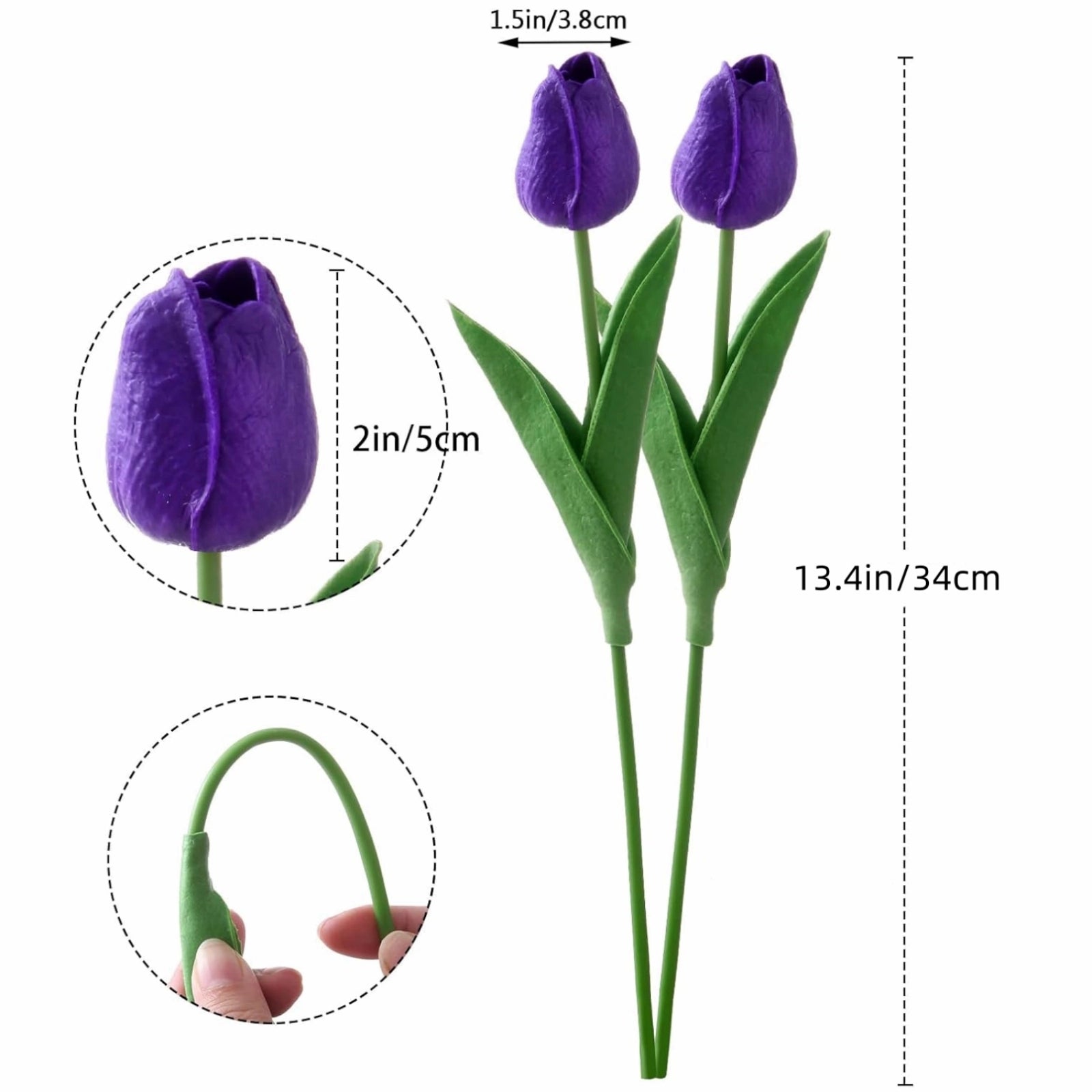 Realistic Purple Artificial Tulips PU Faux Flowers 20pcs