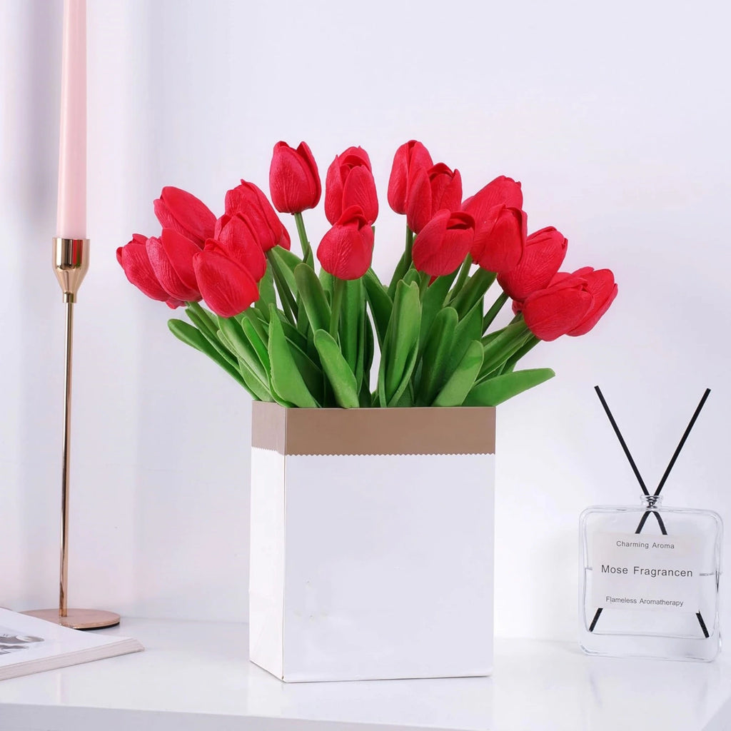 Realistic Red Artificial Tulips Bouquet Faux Flowers 20pcs