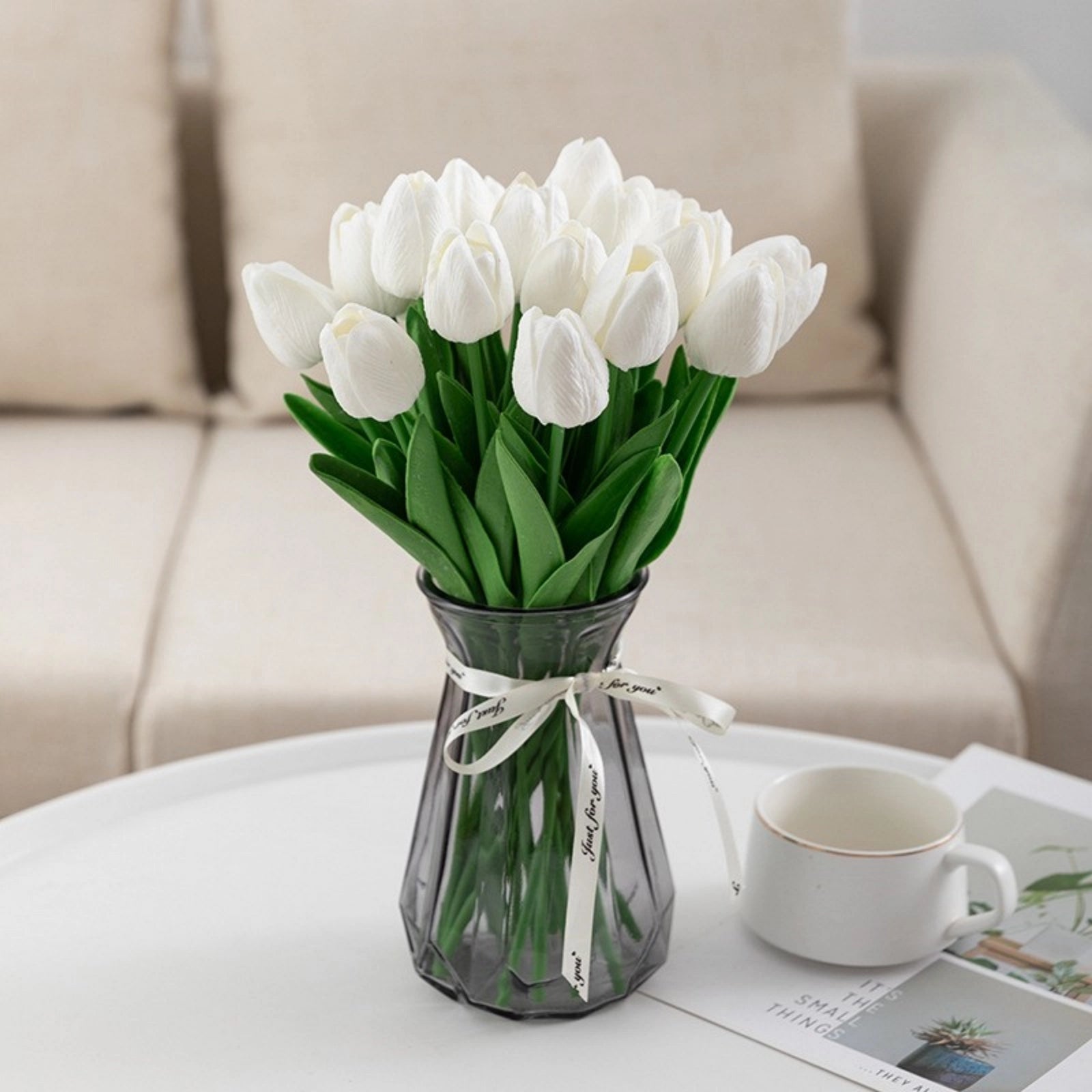 White Artificial Tulips Faux Flowers 20pcs