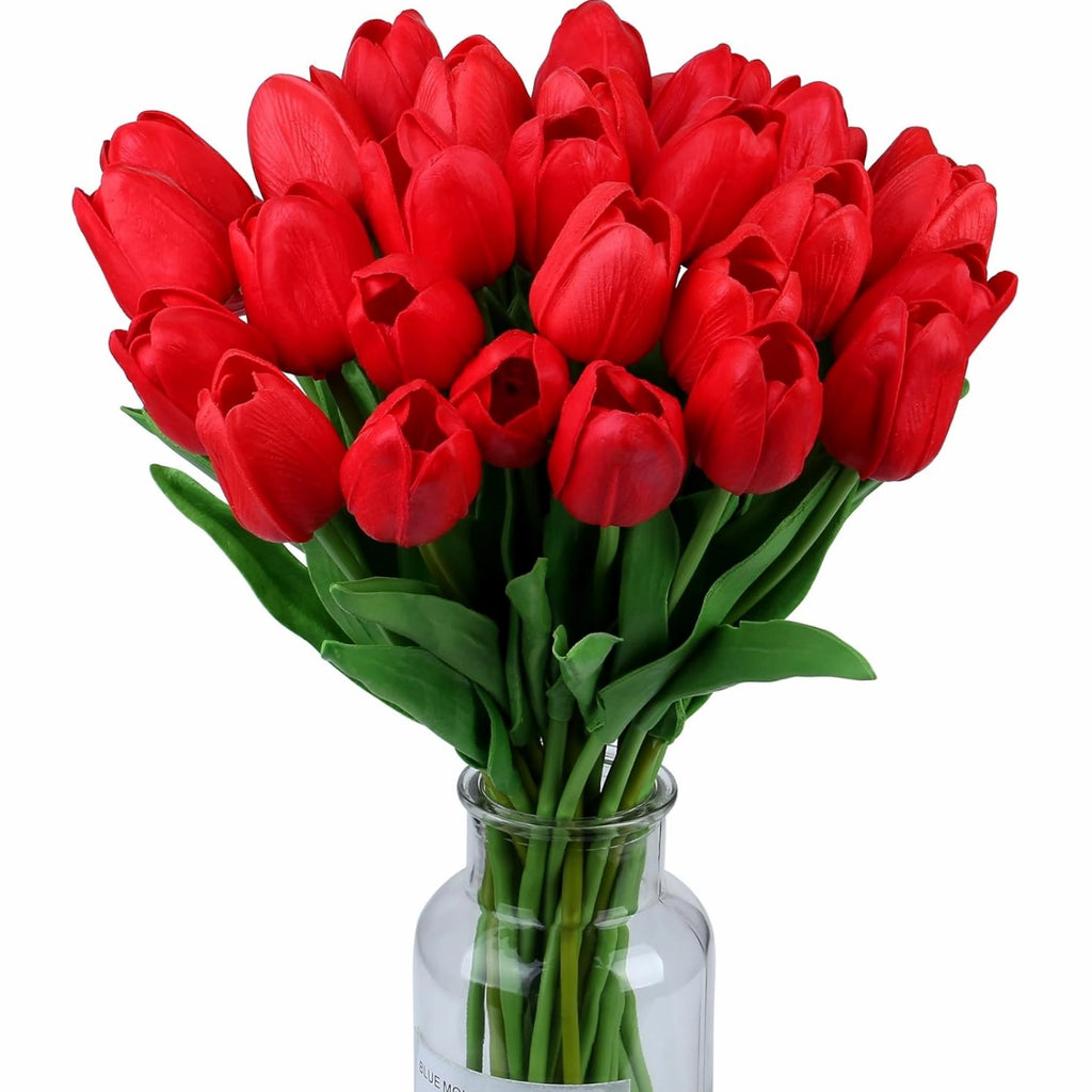 Realistic Red Artificial Tulips Bouquet Faux Flowers 20pcs