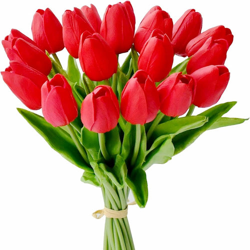 Realistic Red Artificial Tulips Bouquet Faux Flowers 20pcs