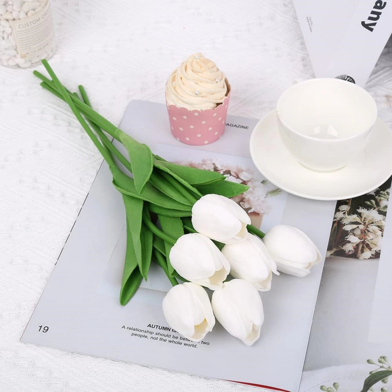 White Artificial Tulips Faux Flowers 20pcs